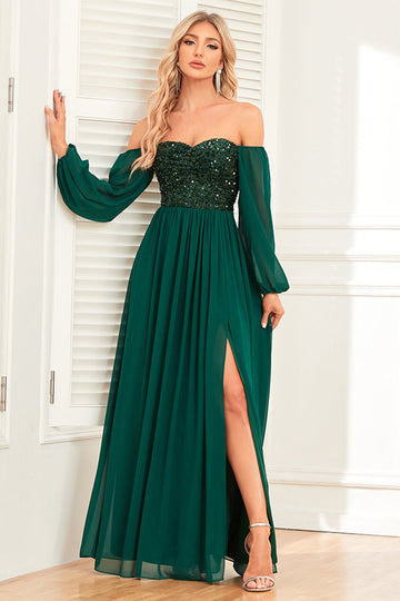 A-Line Dark Green Sequins Formal Dress with Sleeves